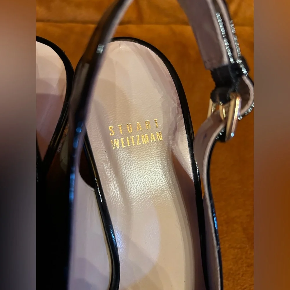 Stuart Weitzman Black Patent Leather Jean Peep Toe Cork platform wedge 9.5